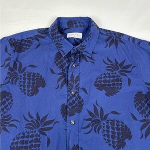 Cotton And Co Pineapple Hawaiian Large Short Sleeve Button Up Shirt Blue AOP